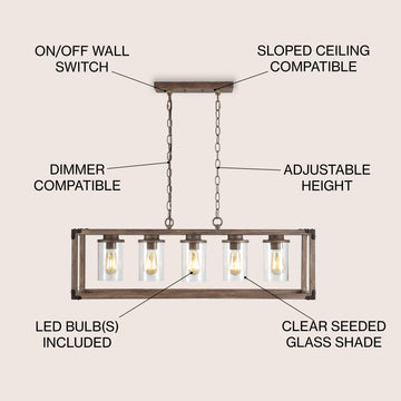 Zeniba  36" Linear Adjustable Iron/Seeded Glass Rustic Farmhouse LED Pendant - JONATHAN Y
